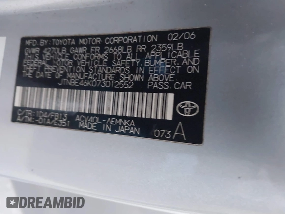 2007 Toyota Camry CE with VIN JTNBE46K073012552, listed as a IAAI auction lot 41947268 with Not Provided miles and . Bid and sale history available at carsss.com. Image 9.
