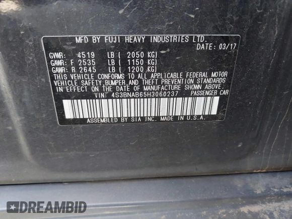 2017 Subaru Legacy with VIN 4S3BNAB65H3060237, listed as a IAAI auction lot 41830017 with 92,413 mi miles. Bid and sale history available at carsss.com. Image 9.