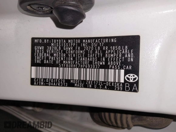 2017 Toyota Corolla L with VIN 5YFBURHE7HP693037, listed as a IAAI auction lot 42304020 with 117,710 mi miles and . Bid and sale history available at DreamBid. Image 9.
