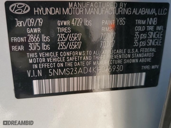 2019 Hyundai Santa Fe SE with VIN 5NMS23AD4KH076930, listed as a Copart auction lot 47891805 with 117,052 mi miles and Salvage Title. Bid and sale history available at carsss.com. Image 14.