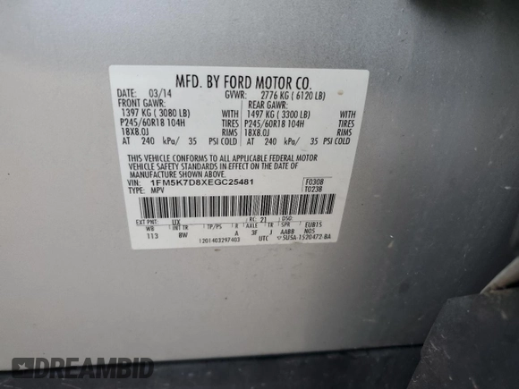 2014 Ford Explorer XLT с VIN 1FM5K7D8XEGC25481, выставлен на аукционе Copart как лот 64941335 с пробегом 182 236 миль миль и Чистый • Clean title. История ставок и продаж доступна на DreamBid. Изображение 13.