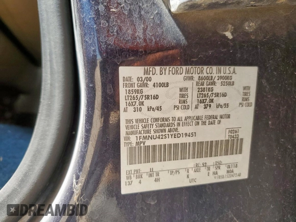 2000 Ford Excursion Limited с VIN 1FMNU42S1YED19451, выставлен на аукционе Copart как лот 65388445 с пробегом 292 612 миль миль и Чистый • Clean title. История ставок и продаж доступна на DreamBid. Изображение 14.