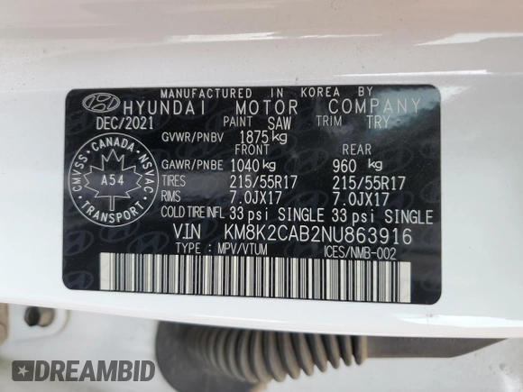 2022 Hyundai Kona SE with VIN KM8K2CAB2NU863916, listed as a Copart auction lot 52426295 with 33,708 mi miles and Salvage Title. Bid and sale history available at carsss.com. Image 14.