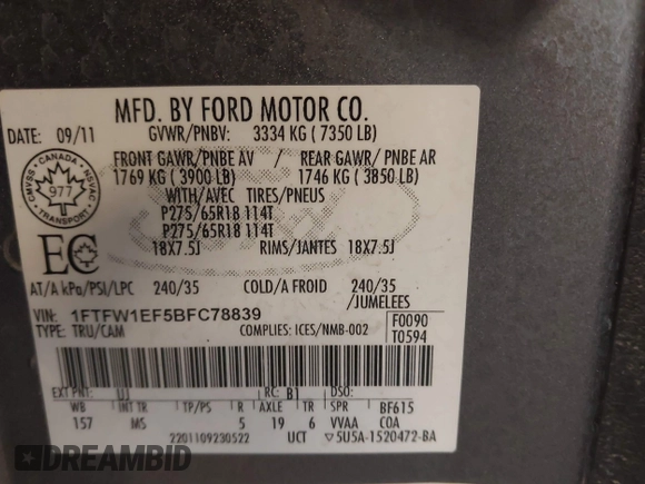 2011 Ford F-150 XL with VIN 1FTFW1EF5BFC78839, listed as a IAAI auction lot 42082482 with 144,604 mi miles. Bid and sale history available at carsss.com. Image 9.