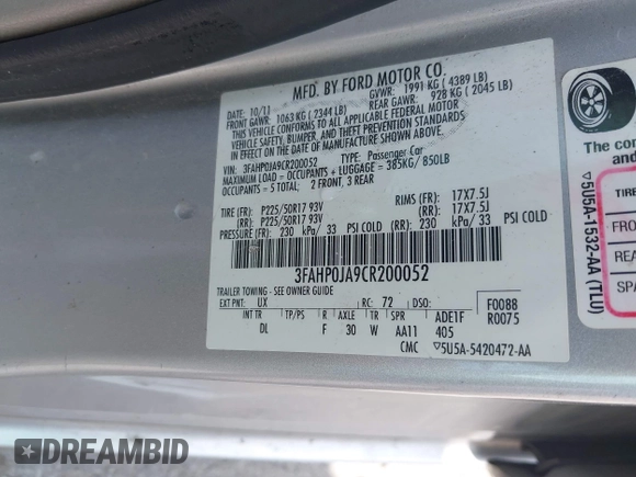 2012 Ford Fusion SEL with VIN 3FAHP0JA9CR200052, listed as a IAAI auction lot 42115789 with 141,963 mi miles and . Bid and sale history available at DreamBid. Image 9.