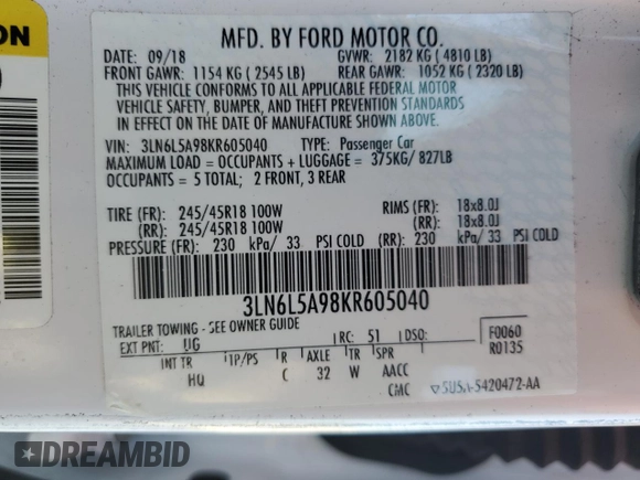 2019 Lincoln MKZ Standard with VIN 3LN6L5A98KR605040, listed as a Copart auction lot 77235584 with 0 mi miles and Salvage Title. Bid and sale history available at carsss.com. Image 13.