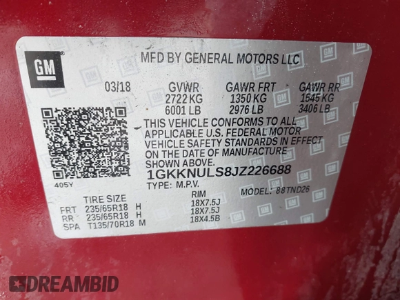 2018 GMC Acadia SLT with VIN 1GKKNULS8JZ226688, listed as a IAAI auction lot 41733716 with 67,254 mi miles and . Bid and sale history available at DreamBid. Image 9.