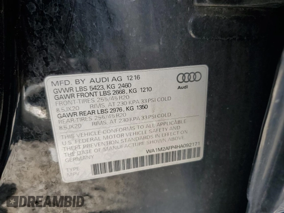 2017 Audi Q5 Premium Plus с VIN WA1M2AFP4HA092171, выставлен на аукционе Copart как лот 65089605 с пробегом 98 584 миль миль и Чистый • Clean title. История ставок и продаж доступна на DreamBid. Изображение 12.