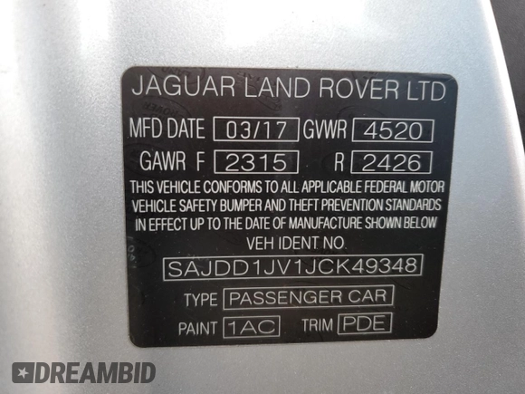 2018 Jaguar F-Type with VIN SAJDD1JV1JCK49348, listed as a Copart auction lot 47251675 with 49,771 mi miles and Salvage Title. Bid and sale history available at DreamBid. Image 13.