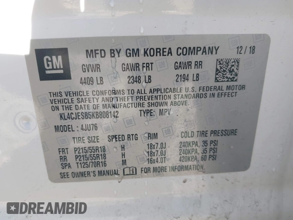 2019 Buick Encore Preferred with VIN KL4CJESB5KB808142, listed as a IAAI auction lot 41995776 with 51,940 mi miles. Bid and sale history available at carsss.com. Image 9.