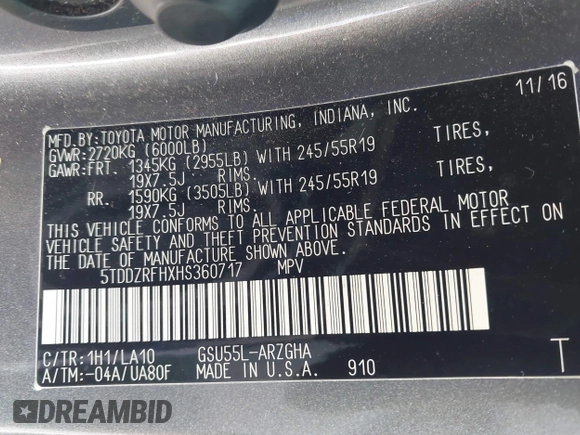 2017 Toyota Highlander Limited with VIN 5TDDZRFHXHS360717, listed as a IAAI auction lot 42571156 with 104,876 mi miles and . Bid and sale history available at DreamBid. Image 9.