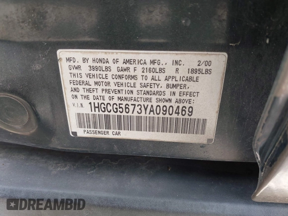 2000 Honda Accord SE z VIN 1HGCG5673YA090469, wystawiony jako IAAI lot #42391254 z przebiegiem 140 819 mil mil oraz . Historia ofert i sprzedaży dostępna na DreamBid. Obrazek 9.