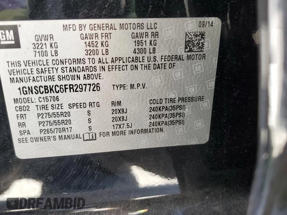 2015 Chevrolet Tahoe LT with VIN 1GNSCBKC6FR297726, listed as a Copart auction lot 55097475 with 114,471 mi miles and Salvage title. Bid and sale history available at DreamBid. Image 13.