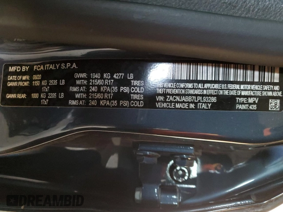2020 Jeep Renegade Altitude with VIN ZACNJABB7LPL93286, listed as a Copart auction lot 79106014 with 46,884 mi miles and Salvage Title. Bid and sale history available at DreamBid. Image 13.