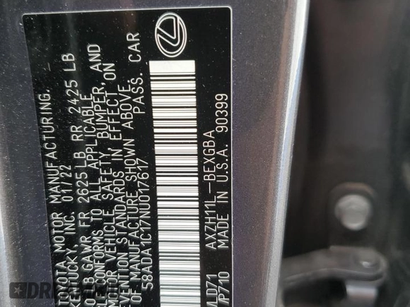 2022 Lexus ES 300h with VIN 58ADA1C17NU017617, listed as a Copart auction lot 61970855 with 16,988 mi miles and Salvage title. Bid and sale history available at DreamBid. Image 13.