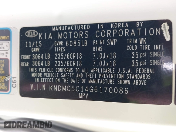 2016 Kia Sedona EX with VIN KNDMC5C14G6170086, listed as a IAAI auction lot 41736246 with 82,556 mi miles. Bid and sale history available at carsss.com. Image 9.