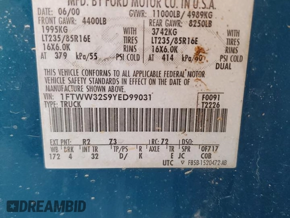 2000 Ford F-350 with VIN 1FTWW32S9YED99031, listed as a Copart auction lot 75952254 with 220,673 mi miles and Salvage title. Bid and sale history available at DreamBid. Image 12.
