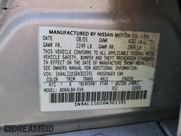 2006 Nissan Altima S with VIN 1N4AL11D16N301591, listed as a Copart auction lot 58568625 with 169,290 mi miles and Salvage title. Bid and sale history available at DreamBid. Image 12.