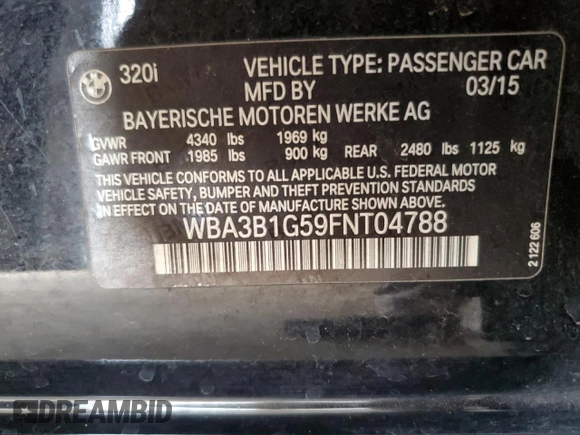 2015 BMW 3 Series 320i with VIN WBA3B1G59FNT04788, listed as a Copart auction lot 44938215 with 68,314 mi miles and Salvage Title. Bid and sale history available at carsss.com. Image 14.