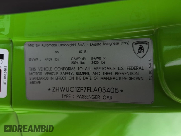 2015 Lamborghini Huracan z VIN ZHWUC1ZF7FLA03405, wystawiony jako Copart lot #57724465 z przebiegiem 31 953 mil mil oraz Czysty tytuł • Clean title. Historia ofert i sprzedaży dostępna na DreamBid. Obrazek 10.
