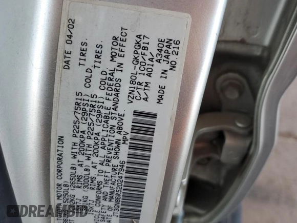 2002 Toyota 4Runner SR5 z VIN JT3GN86R520247946, wystawiony jako Copart lot #53468065 z przebiegiem 216 120 mil mil oraz Szkoda całkowita • Salvage title. Historia ofert i sprzedaży dostępna na DreamBid. Obrazek 14.