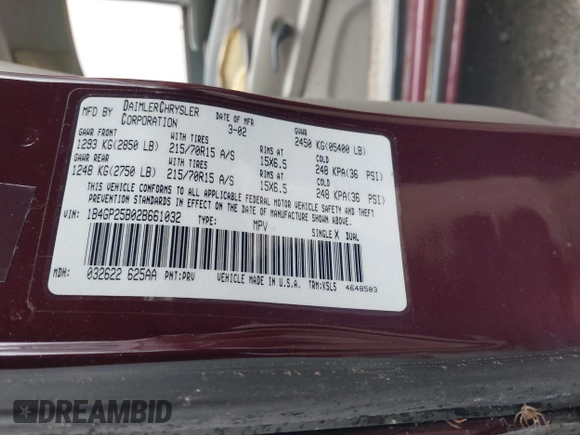 2002 Dodge Caravan SE with VIN 1B4GP25B02B661032, listed as a IAAI auction lot 41852336 with 242,632 mi miles and . Bid and sale history available at carsss.com. Image 9.