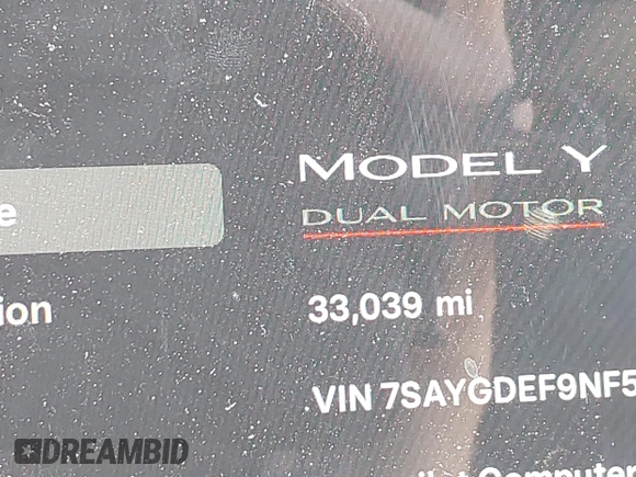 2022 Tesla Model Y Performance with VIN 7SAYGDEF9NF544205, listed as a IAAI auction lot 41825453 with 33,039 mi miles and . Bid and sale history available at DreamBid. Image 15.