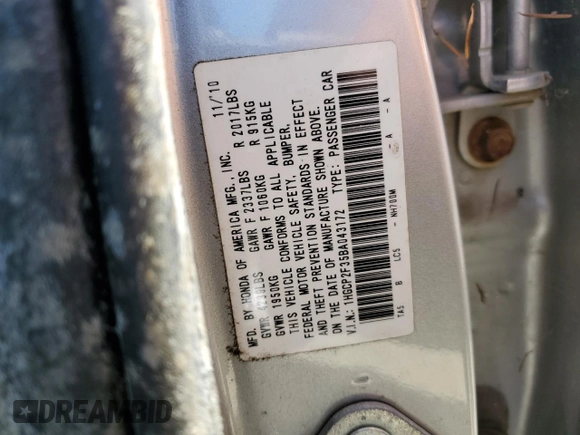 2011 Honda Accord LX z VIN 1HGCP2F35BA043172, wystawiony jako Copart lot #58040335 z przebiegiem Nie podano mil oraz Czysty tytuł • Clean title. Historia ofert i sprzedaży dostępna na DreamBid. Obrazek 12.