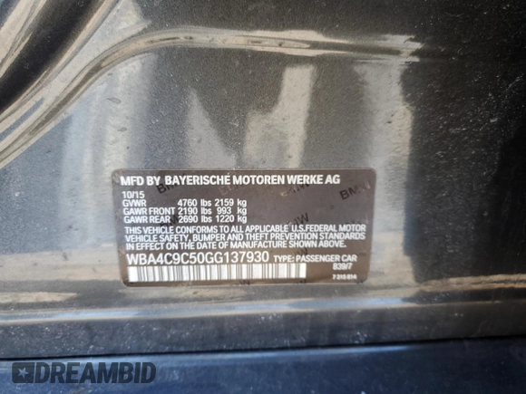2016 BMW 4 Series 428i xDrive with VIN WBA4C9C50GG137930, listed as a Copart auction lot 45417065 with 135,066 mi miles and Salvage Title. Bid and sale history available at DreamBid. Image 12.