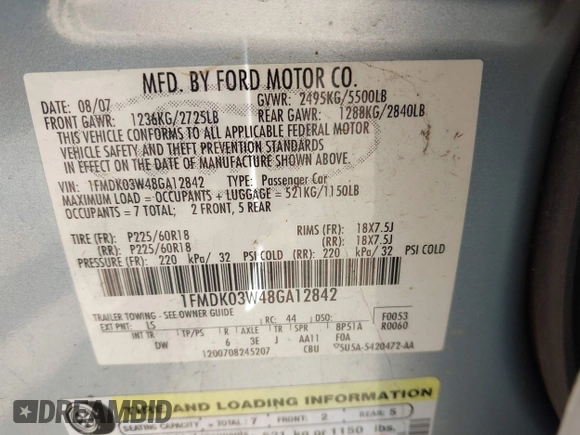 2008 Ford Taurus X Limited with VIN 1FMDK03W48GA12842, listed as a IAAI auction lot 42013429 with 167,478 mi miles and . Bid and sale history available at DreamBid. Image 9.
