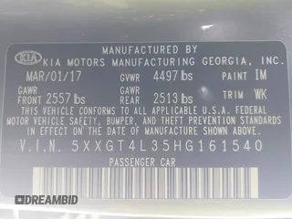 2017 Kia Optima LX with VIN 5XXGT4L35HG161540, listed as a IAAI auction lot 41580409 with 100,056 mi miles. Bid and sale history available at carsss.com. Image 9.