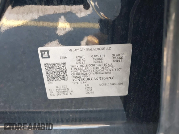 2019 Chevrolet Suburban LT with VIN 1GNSCJKC5KR304766, listed as a IAAI auction lot 42410264 with 105,171 mi miles and . Bid and sale history available at DreamBid. Image 9.