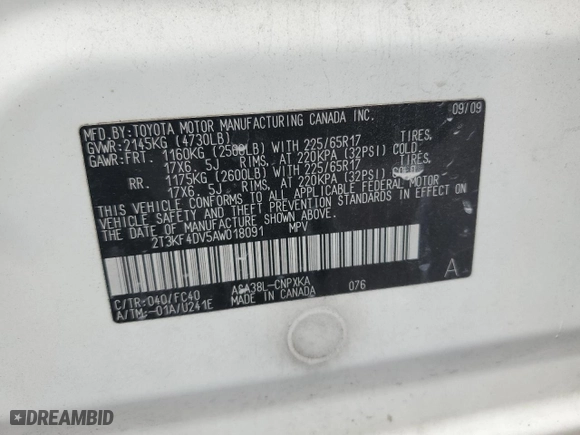 2010 Toyota RAV4 with VIN 2T3KF4DV5AW018091, listed as a Copart auction lot 54571545 with 125,521 mi miles and Non Repairable. Bid and sale history available at carsss.com. Image 13.