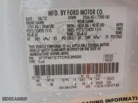 2012 Ford F-150 XL with VIN 1FTFW1ET7CKE28920, listed as a Copart auction lot 44788835 with 169,793 mi miles and Salvage Title. Bid and sale history available at carsss.com. Image 12.