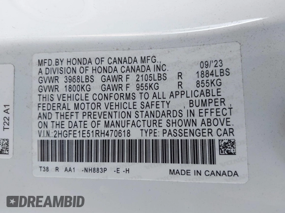 2024 Honda Civic Si with VIN 2HGFE1E51RH470618, listed as a IAAI auction lot 41756006 with 15,056 mi miles and . Bid and sale history available at DreamBid. Image 9.