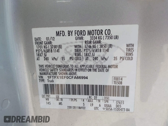 2012 Ford F-150 XL with VIN 1FTFX1EF0CFA66994, listed as a IAAI auction lot 42137712 with 204,967 mi miles and . Bid and sale history available at DreamBid. Image 9.