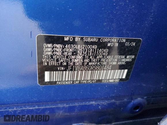 2024 Subaru WRX with VIN JF1VBAB60R9801484, listed as a Copart auction lot 87291904 with 2,887 mi miles and Salvage Title. Bid and sale history available at carsss.com. Image 13.