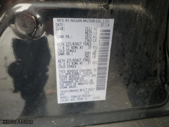2014 Nissan Rogue SV with VIN 5N1AT2MV4EC857307, listed as a Copart auction lot 52192365 with 154,577 mi miles and Salvage Title. Bid and sale history available at carsss.com. Image 15.