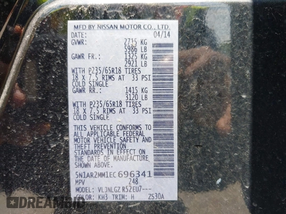 2014 Nissan Pathfinder S with VIN 5N1AR2MM1EC696341, listed as a IAAI auction lot 42255710 with 99,680 mi miles and . Bid and sale history available at DreamBid. Image 9.