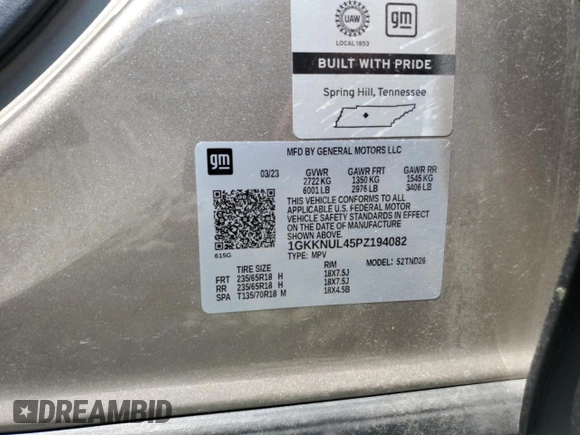 2023 GMC Acadia SLT with VIN 1GKKNUL45PZ194082, listed as a Copart auction lot 60736075 with 17,654 mi miles and Salvage title. Bid and sale history available at DreamBid. Image 14.