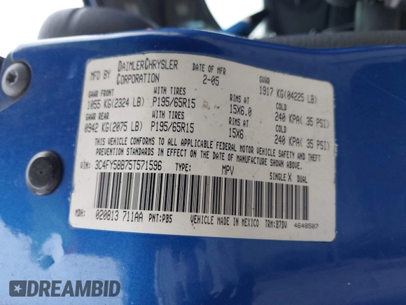 2005 Chrysler PT Cruiser Touring with VIN 3C4FY58B75T571596, listed as a IAAI auction lot 41943550 with 141,127 mi miles and . Bid and sale history available at DreamBid. Image 9.