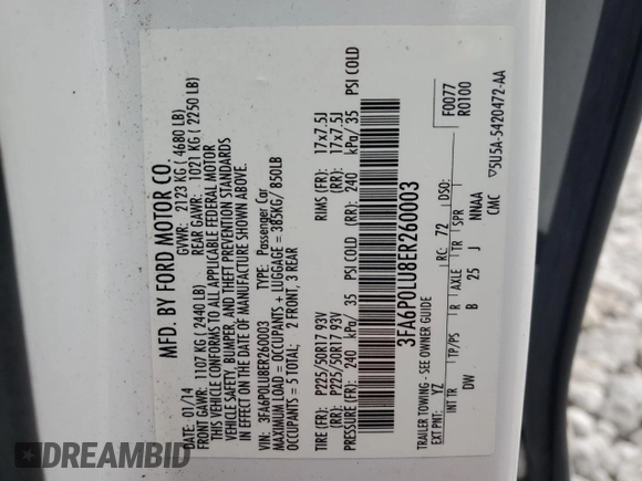 2014 Ford Fusion SE Hybrid with VIN 3FA6P0LU8ER260003, listed as a Copart auction lot 87357664 with 181,363 mi miles and Salvage Title. Bid and sale history available at DreamBid. Image 12.