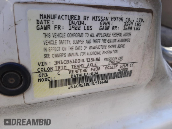 2004 Nissan Sentra S z VIN 3N1CB51D04L915688, wystawiony jako Copart lot #53837195 z przebiegiem 210 578 mil mil oraz Szkoda całkowita • Salvage title. Historia ofert i sprzedaży dostępna na DreamBid. Obrazek 12.