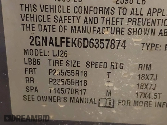 2013 Chevrolet Equinox LTZ with VIN 2GNALFEK6D6357874, listed as a IAAI auction lot 41470225 with 90,605 mi miles. Bid and sale history available at carsss.com. Image 9.