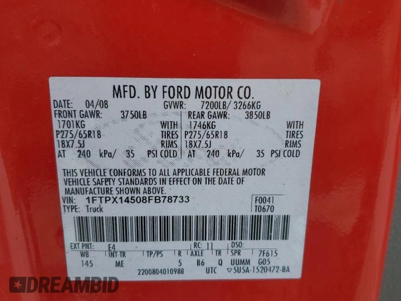 2008 Ford F-150 XLT with VIN 1FTPX14508FB78733, listed as a Copart auction lot 62883895 with 138,252 mi miles and Clean title. Bid and sale history available at DreamBid. Image 12.