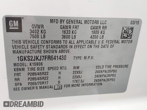 2015 GMC Yukon XL Denali with VIN 1GKS2JKJ7FR641430, listed as a IAAI auction lot 42163969 with 129,085 mi miles. Bid and sale history available at carsss.com. Image 9.