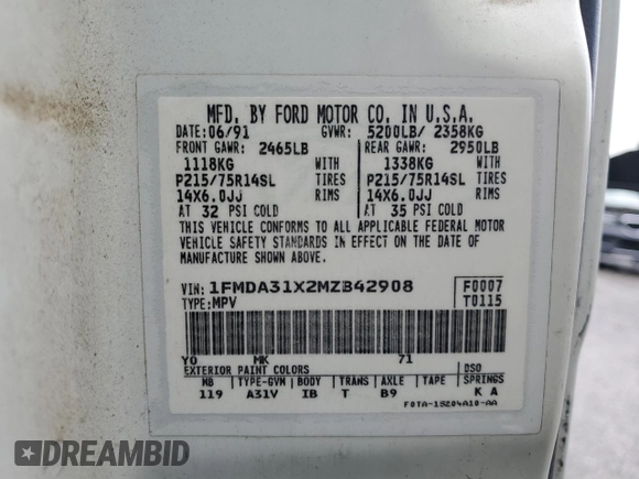1991 Ford Aerostar z VIN 1FMDA31X2MZB42908, wystawiony jako Copart lot #49345595 z przebiegiem 82 282 mil mil oraz Tytuł czysty. Historia ofert i sprzedaży dostępna na DreamBid. Obrazek 13.