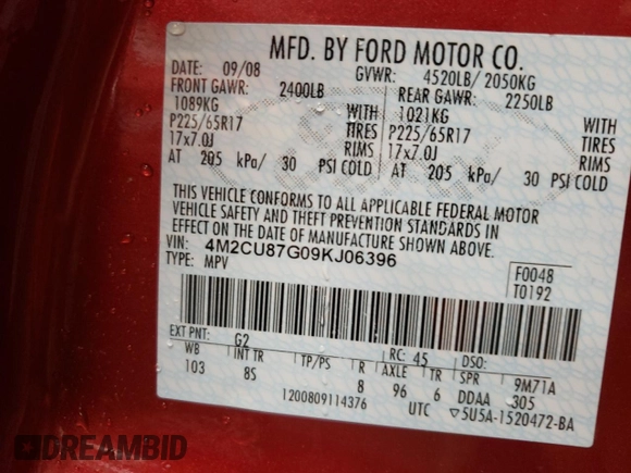 2009 Mercury Mariner Premier z VIN 4M2CU87G09KJ06396, wystawiony jako Copart lot #81784034 z przebiegiem 95 923 mil mil oraz Szkoda całkowita • Salvage title. Historia ofert i sprzedaży dostępna na DreamBid. Obrazek 12.