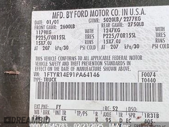 2001 Ford Ranger XLT Appearance with VIN 1FTYR14E91PA64146, listed as a IAAI auction lot 41645783 with 106,836 mi miles. Bid and sale history available at carsss.com. Image 8.