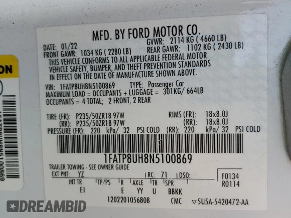 2022 Ford Mustang EcoBoost with VIN 1FATP8UH8N5100869, listed as a Copart auction lot 42118565 with 0 mi miles and Non Repairable. Bid and sale history available at carsss.com. Image 13.